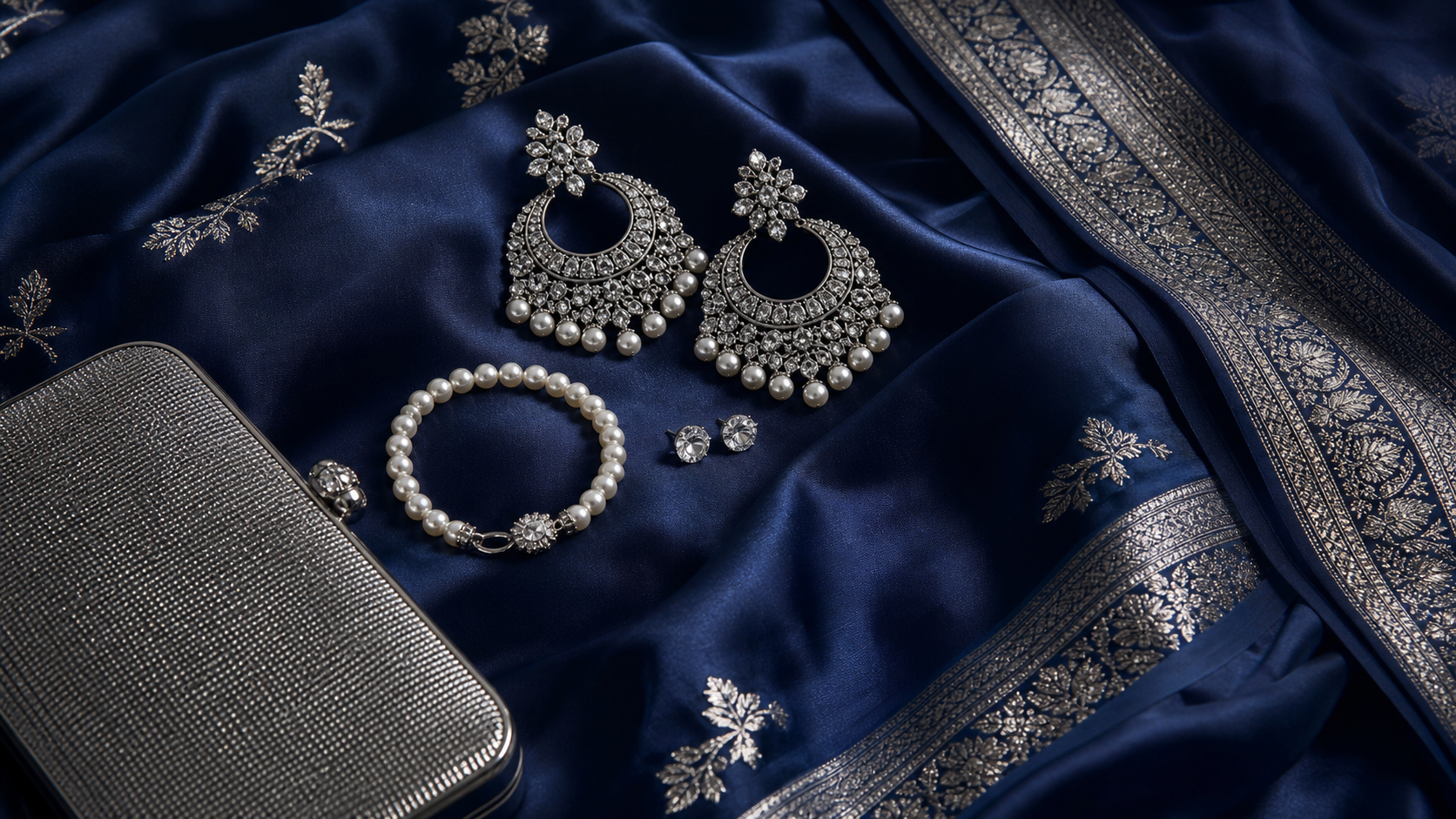 Navy Blue Saree Jewelry Guide: Silver, Pearls, Gold, and Diamond-Look Pairings