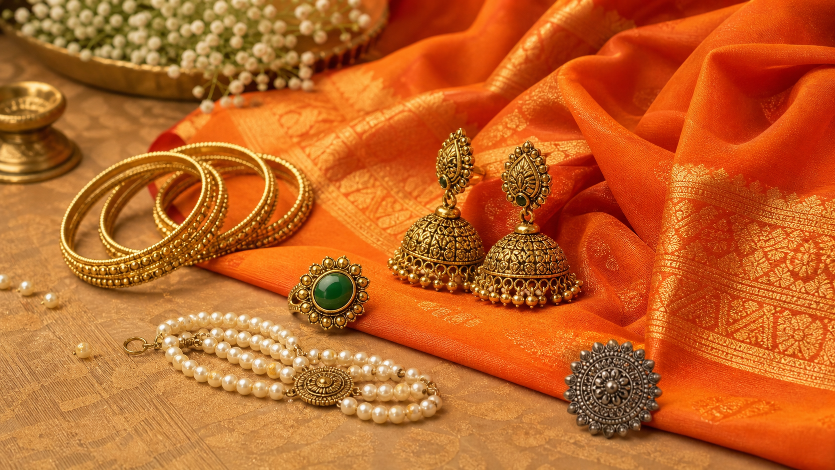 Orange Saree Jewelry Matching Guide: Gold, Green, Pearls, and Oxidized Pairings